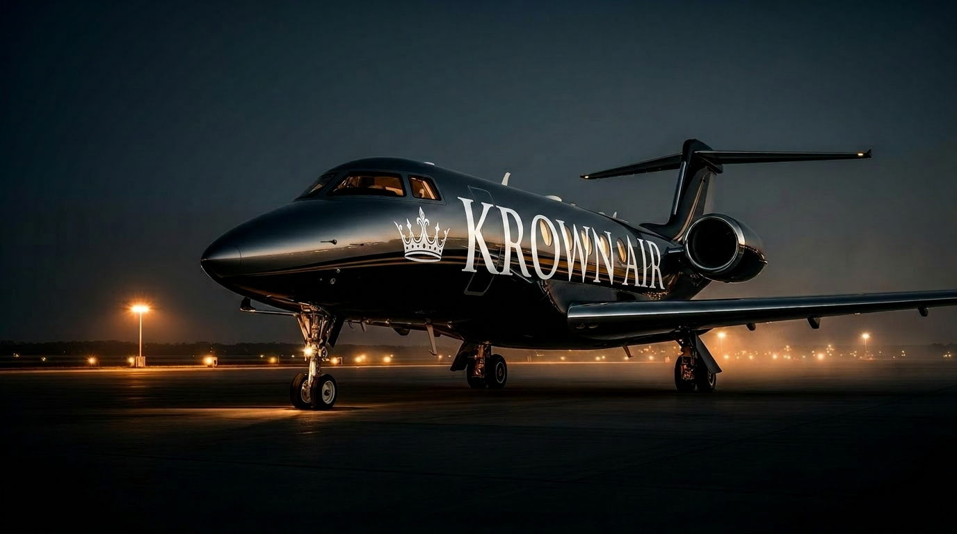 Krown Air private jet on tarmac at dusk