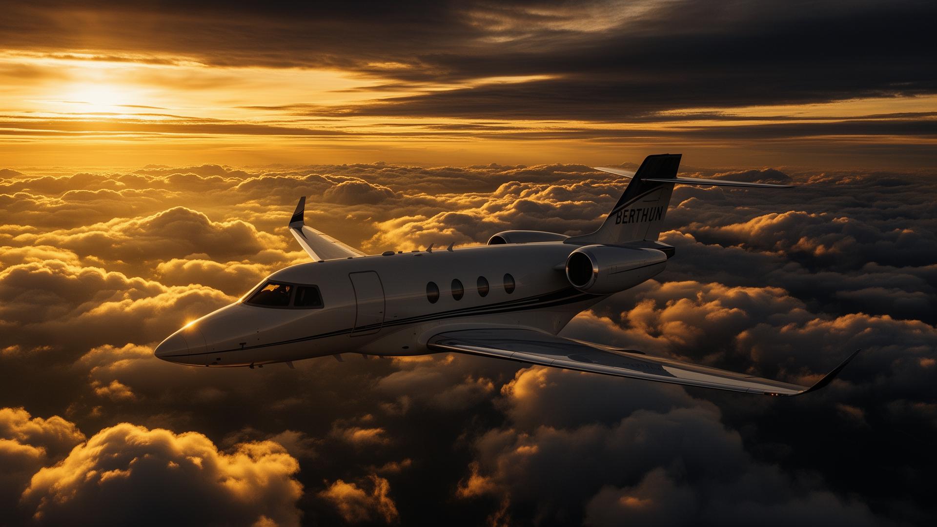 Private jet above clouds